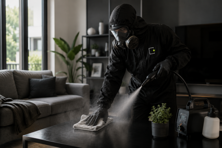 Technicien clairlieu en combinaison complète procédant à la désinfection d'une maison, il nettoie une surface en pulvérisant une solution désinfectante.