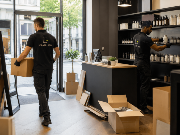 Deux techniciens Clairlieu portant des biens à l'extérieur d'un commerce lors d'une prestation de débarras local professionnel et commerce en île-de-France