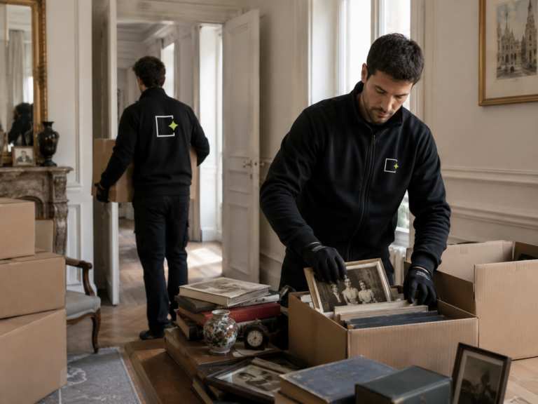 Deux techniciens Clairlieu sortant des objets d'un appartement et remplissant des cartons d'objets dans le cadre d'une intervention débarras succession et héritage en Île-de-France