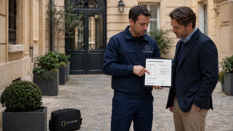 Technicien présentant un contrat de dératisation au gestionnaire d'une copropriété