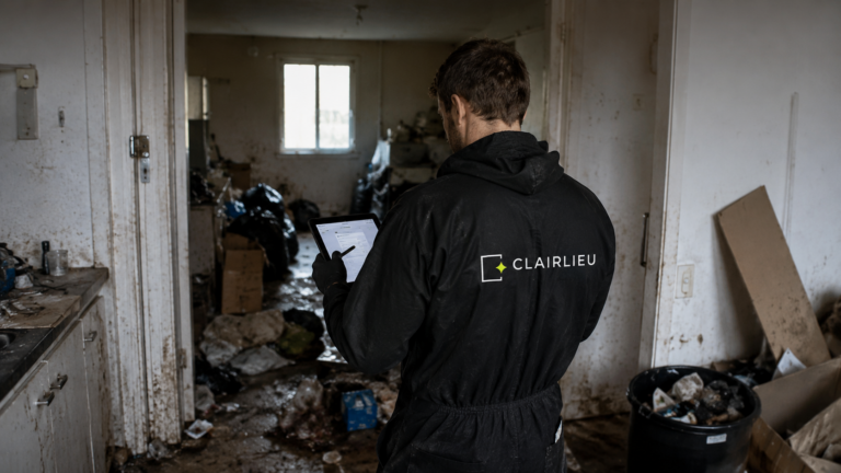 Technicien Clairlieu au milieu d'un logement insalubre dressant un rapport sur sa tablette dans le cadre d'une intervention de remise en état logement insalubre
