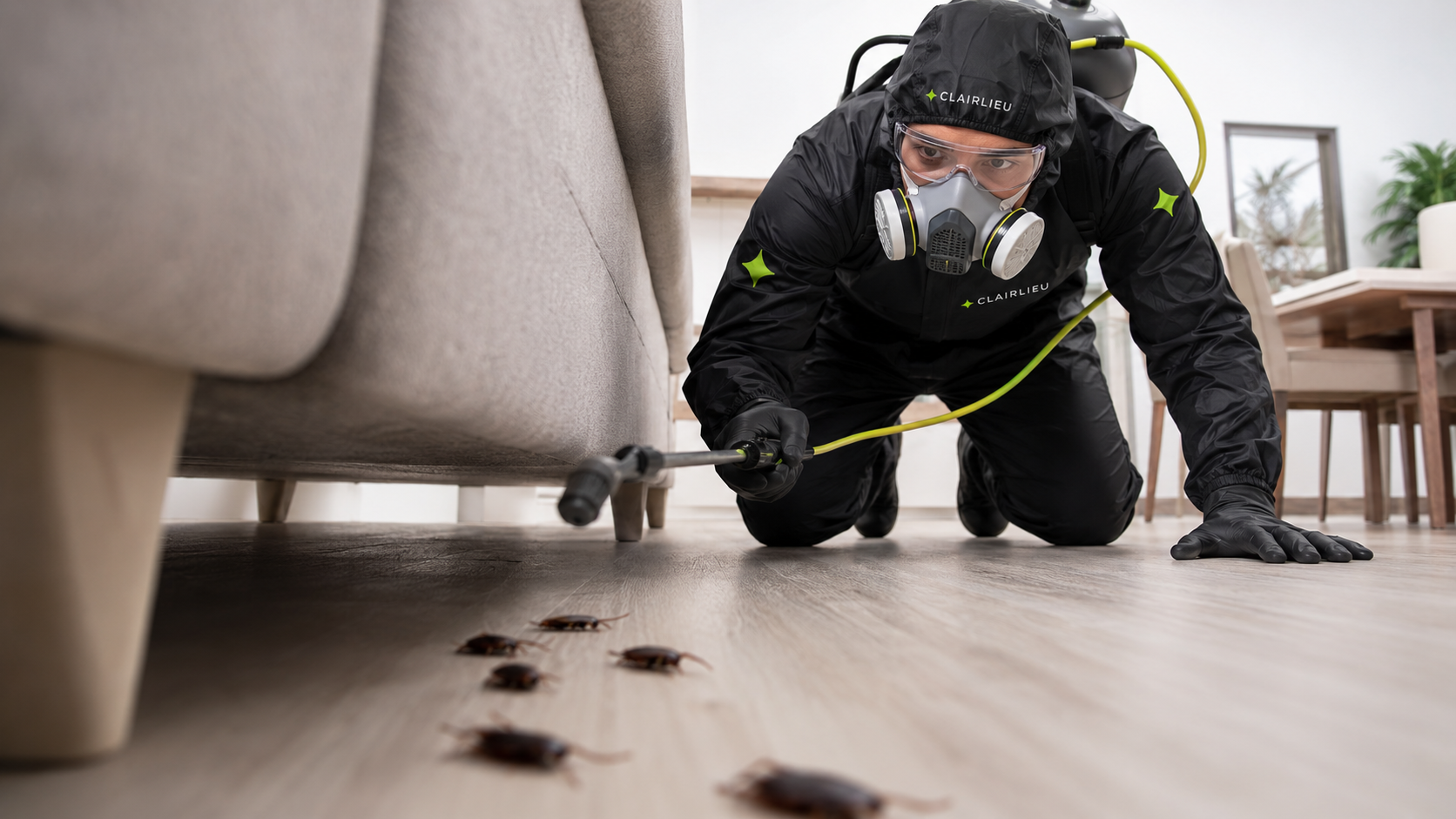 Technicien Clairlieu en combinaison pulvérisant de l'insecticide dans un appartement lors d'une intervention de désinsectisation blattes, on voit des blattes s'enfuir