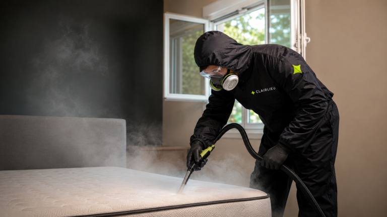Technicien Clairlieu en combinaison traitant un matelas avec un insecticide dans le cadre d'une intervention de désinsectisation punaises de lit