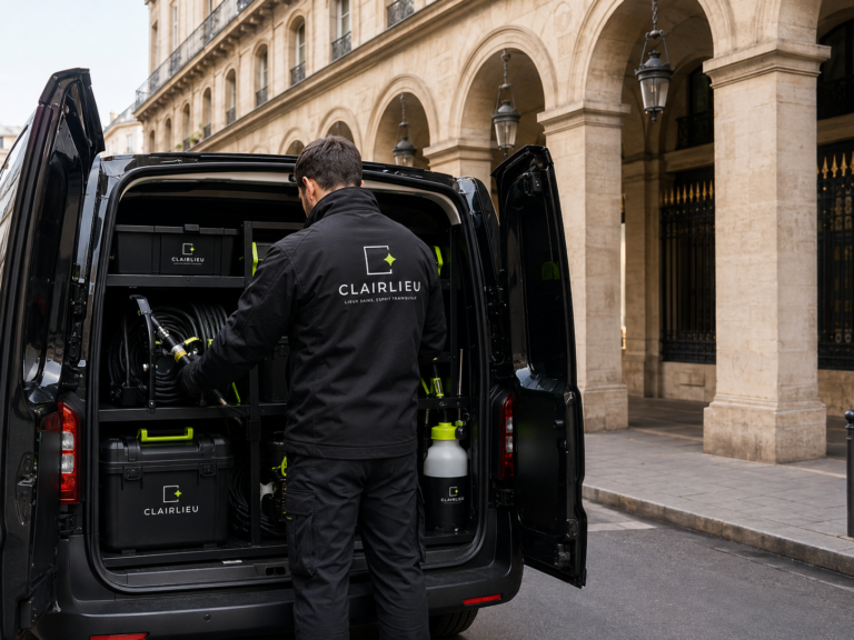 Préparation du matériel Clairlieu dans un fourgon d’intervention noir dans Paris 1er
