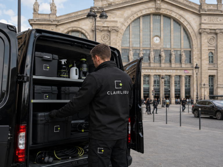 Préparation du matériel Clairlieu dans un fourgon d’intervention noir près de gare du nord dans Paris 10eme