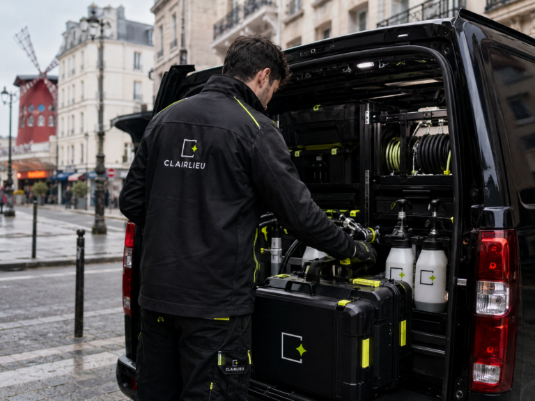 Préparation du matériel Clairlieu dans un fourgon d’intervention noir dans Paris 18eme