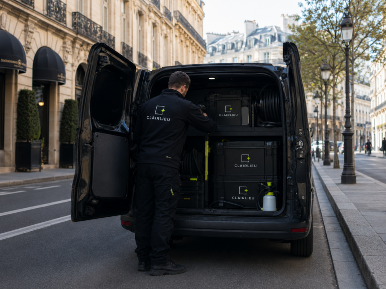 Préparation du matériel Clairlieu dans un fourgon d’intervention noir dans Paris 8eme