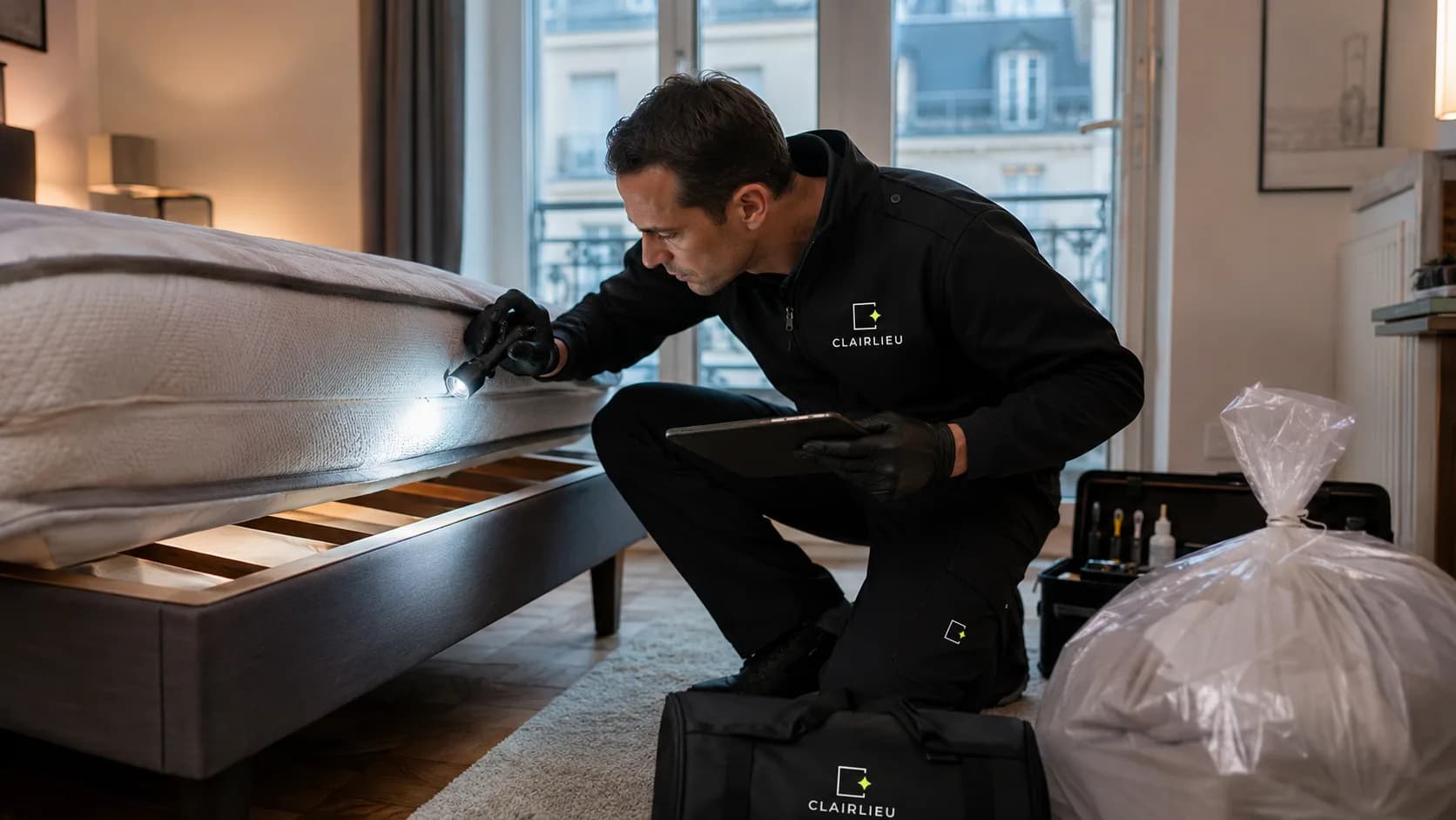 Inspection d'une literie à la recherche de punaises de lit