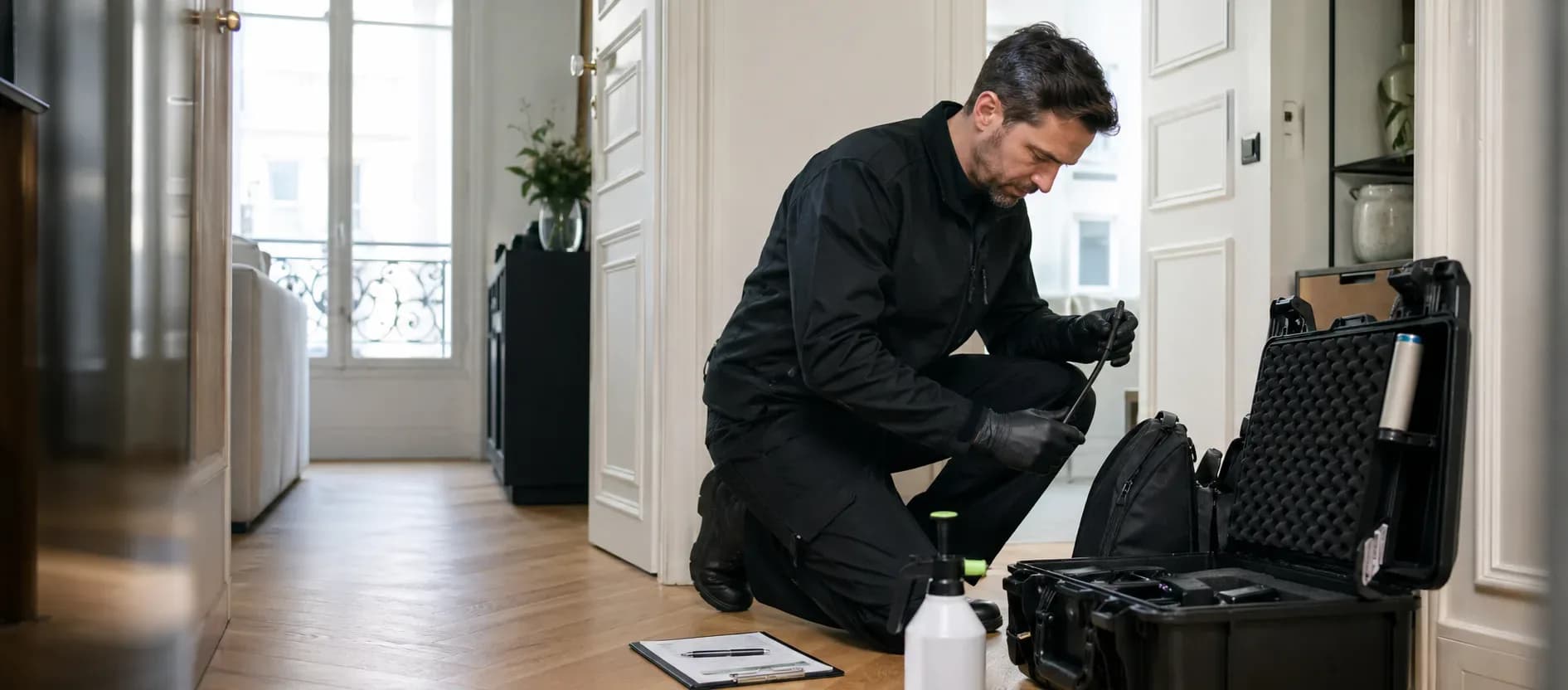 Technicien préparant son matériel de diagnostic avant une dératisation