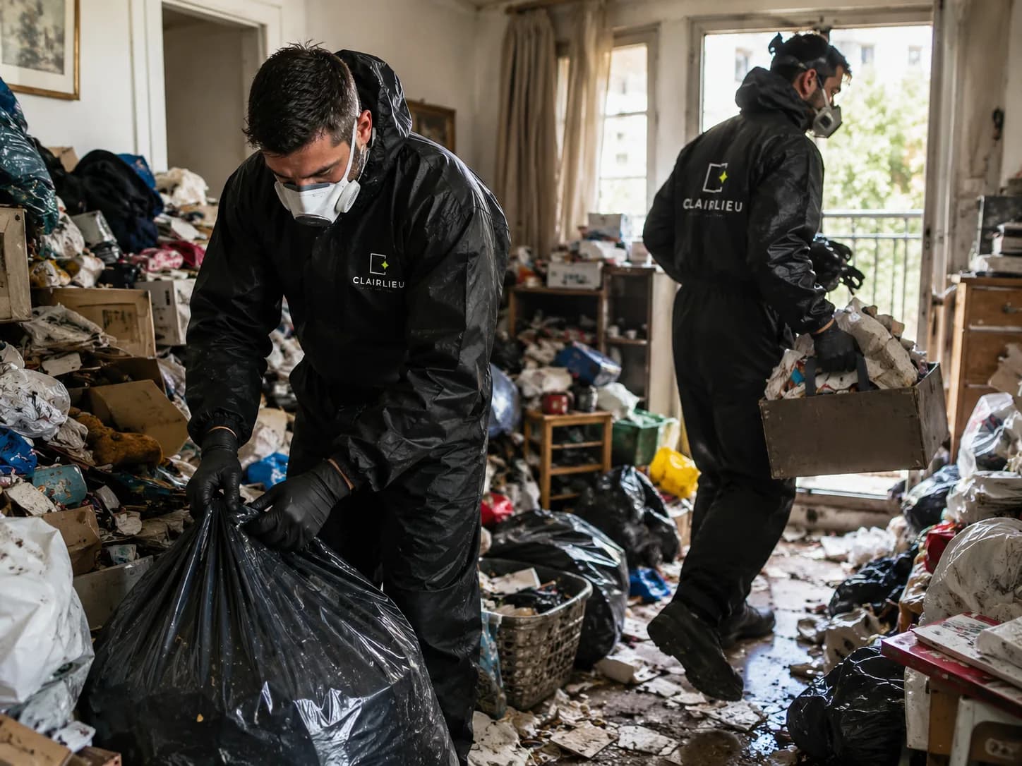 Techniciens remplissant des sacs dans un logement Diogène très encombré