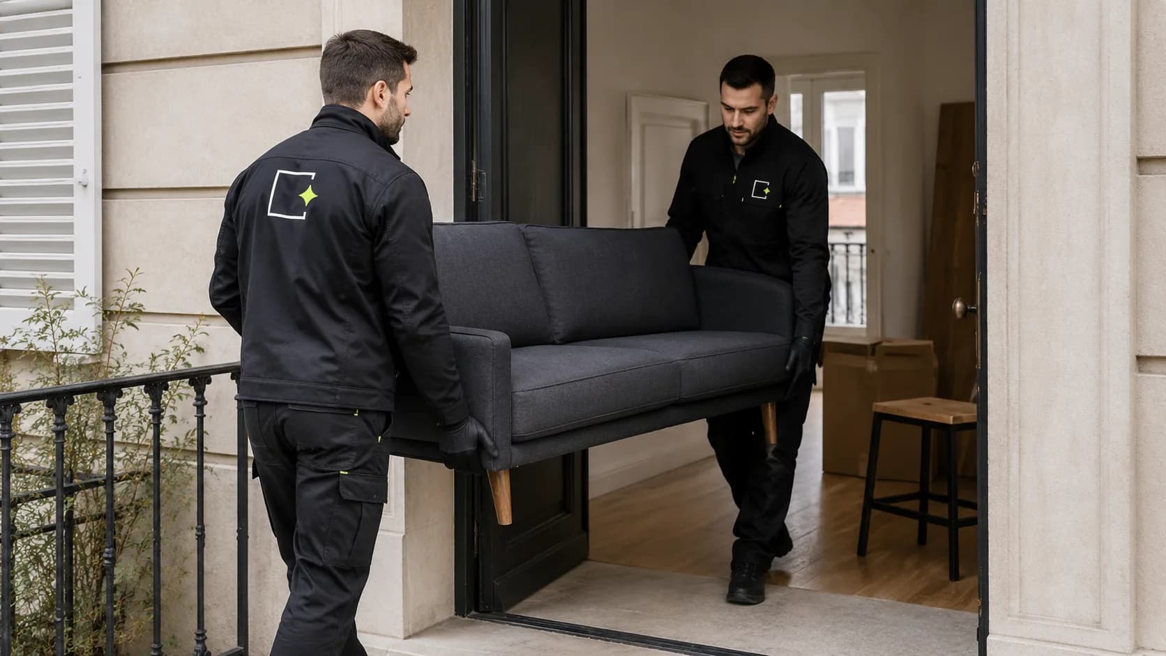 Deux techniciens sortant un canapé lors d'un débarras