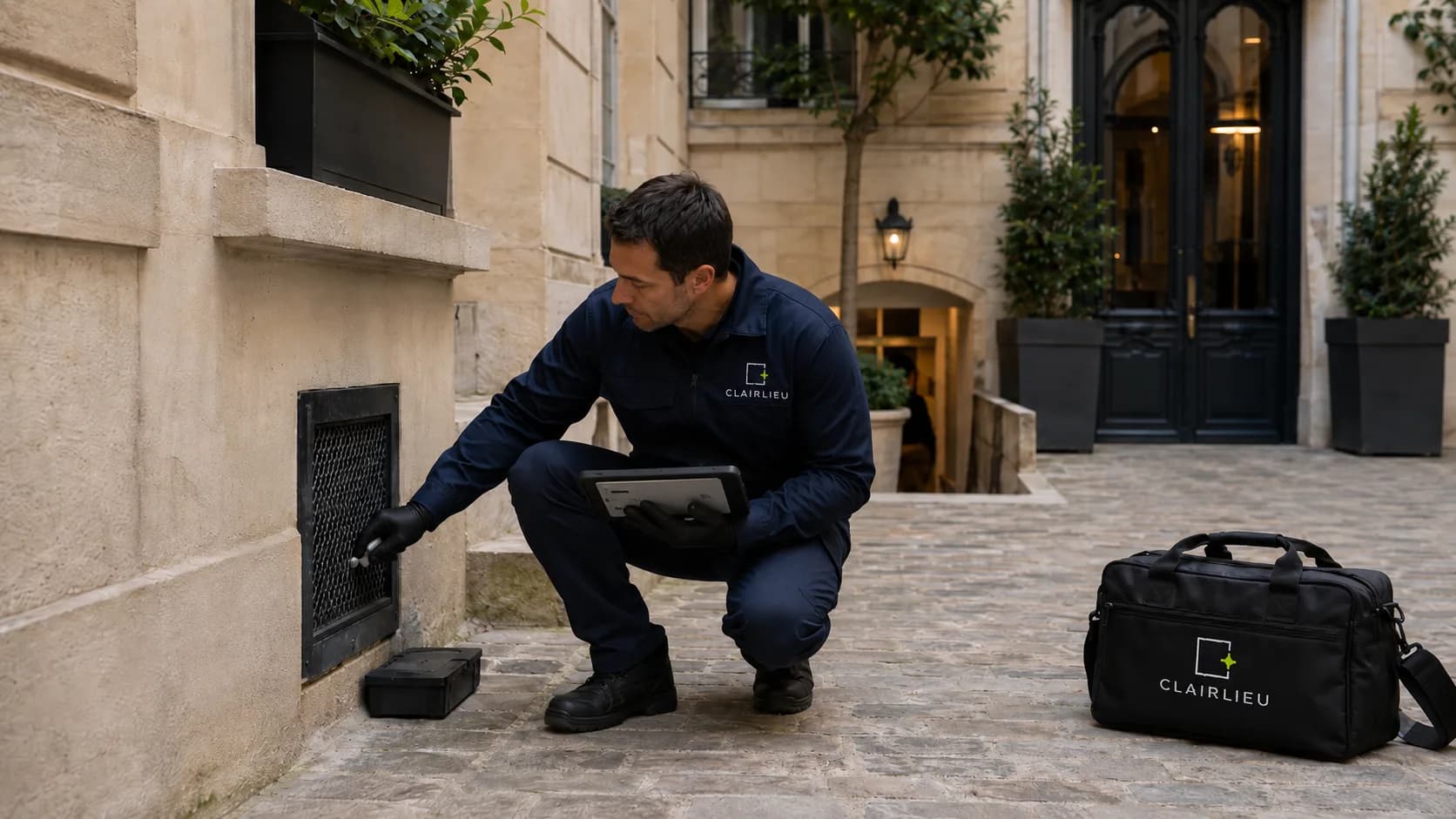 Technicien en dératisation dans la cour d'un immeuble parisien
