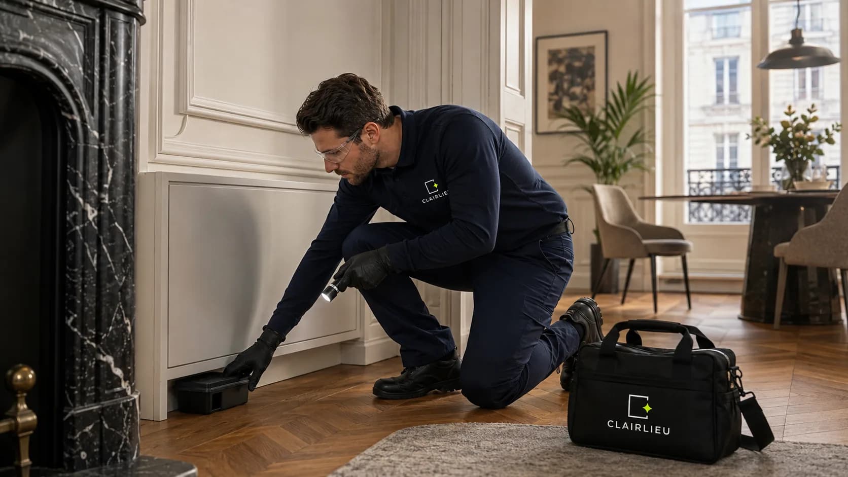 Technicien posant des pièges à rongeurs dans un appartement parisien