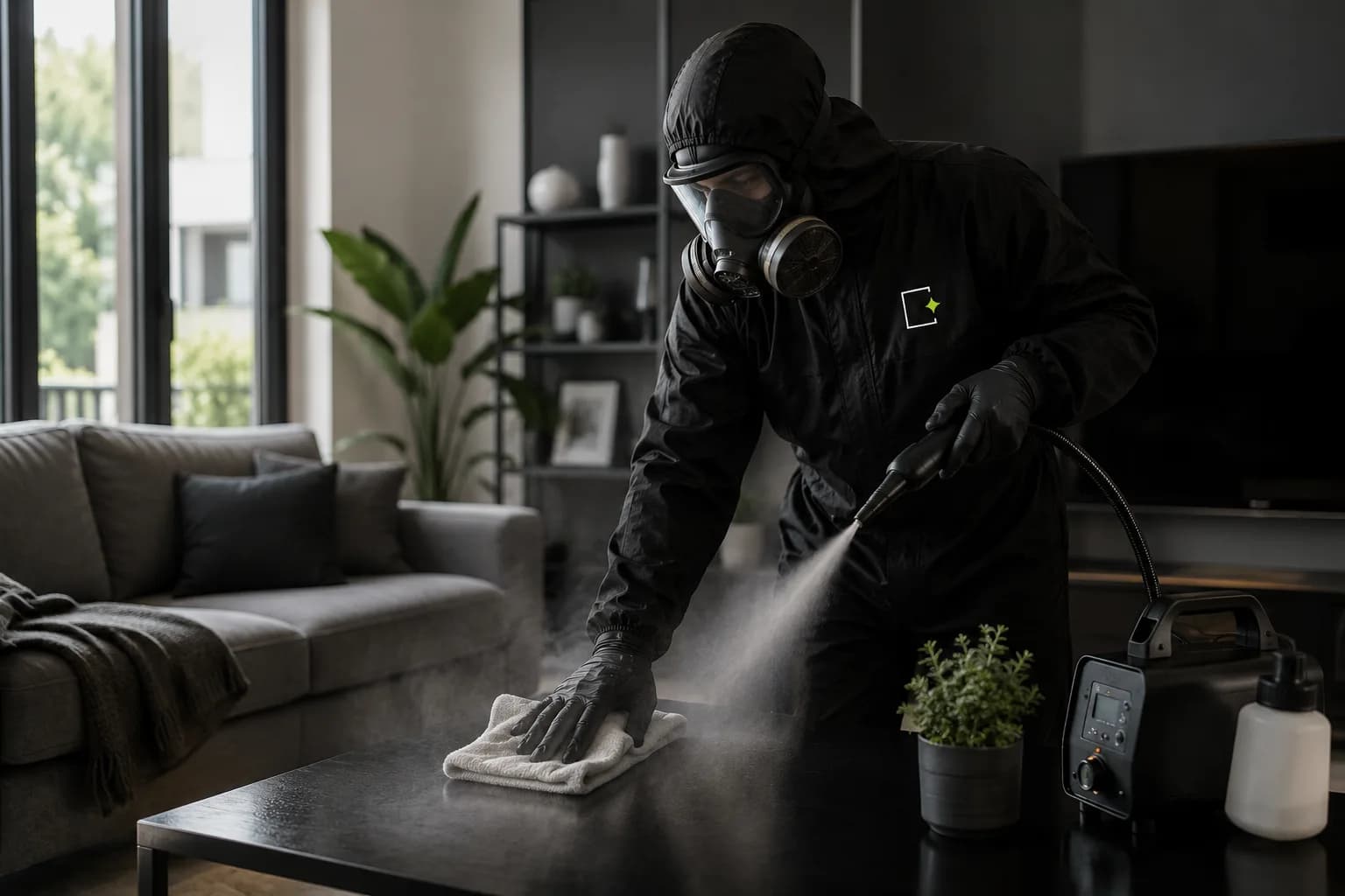 Technicien en combinaison désinfectant une surface dans une maison