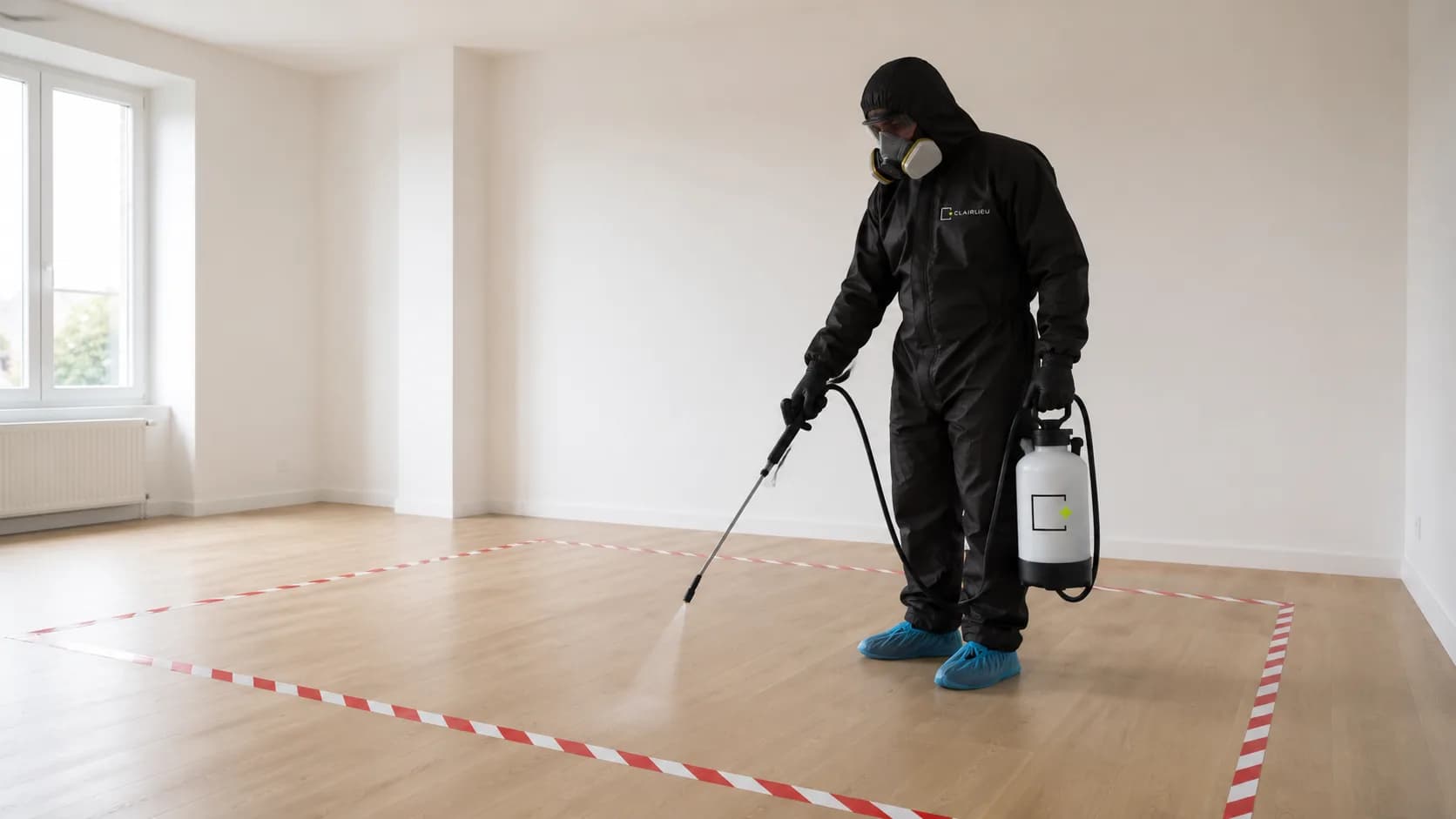 Pulvérisation de désinfectant sur une zone balisée après un décès
