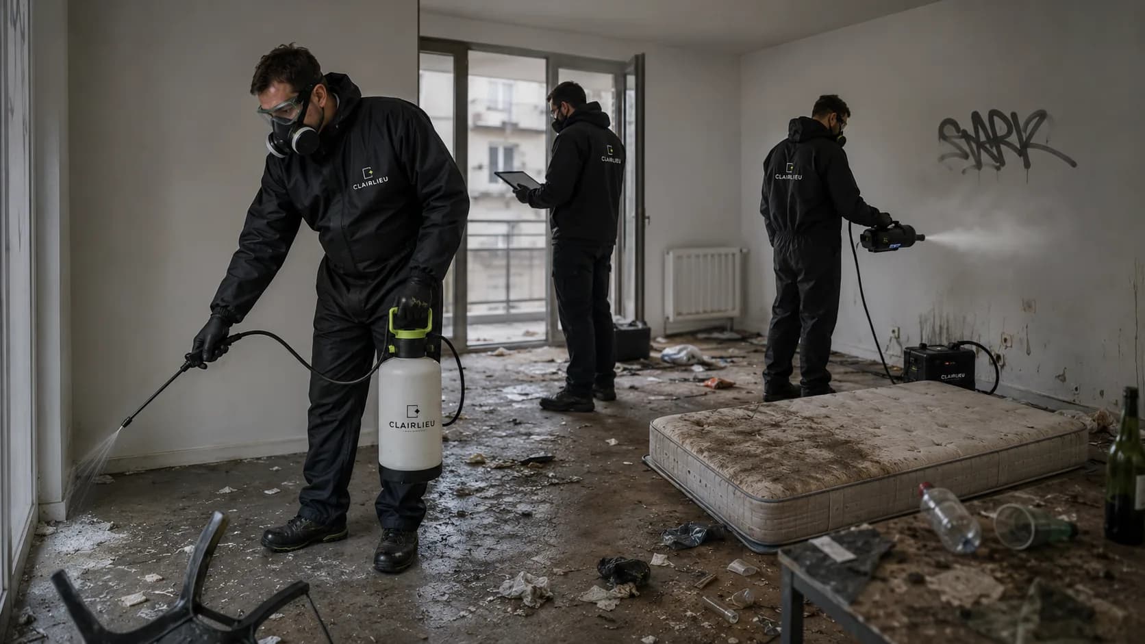 Trois techniciens désinfectant un appartement après un squat