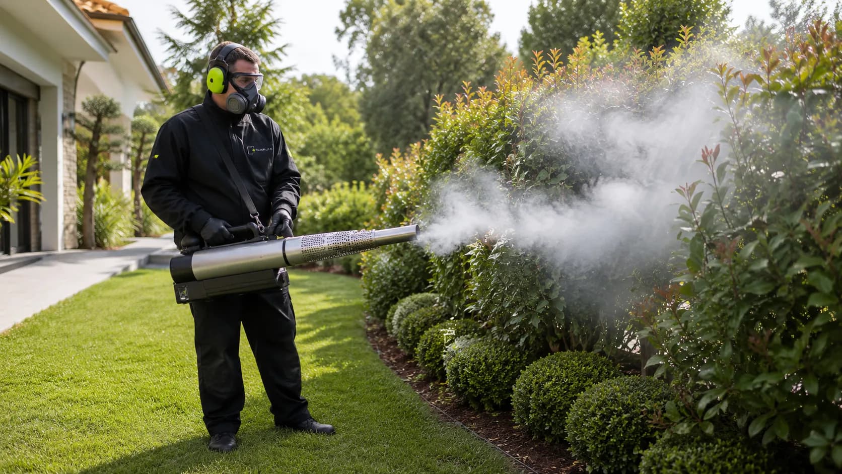 Traitement contre les moustiques dans les haies d'un jardin