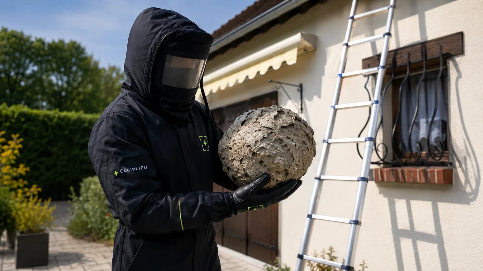 Technicien en tenue de protection montrant un nid de guêpes retiré