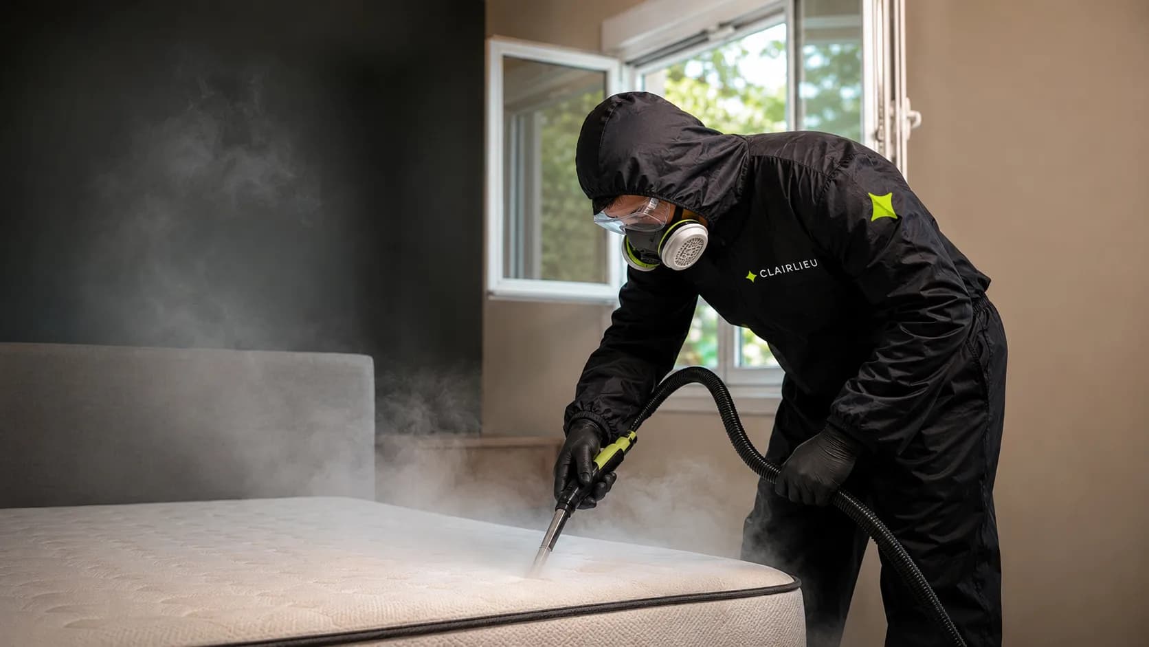 Technicien traitant un matelas contre les punaises de lit
