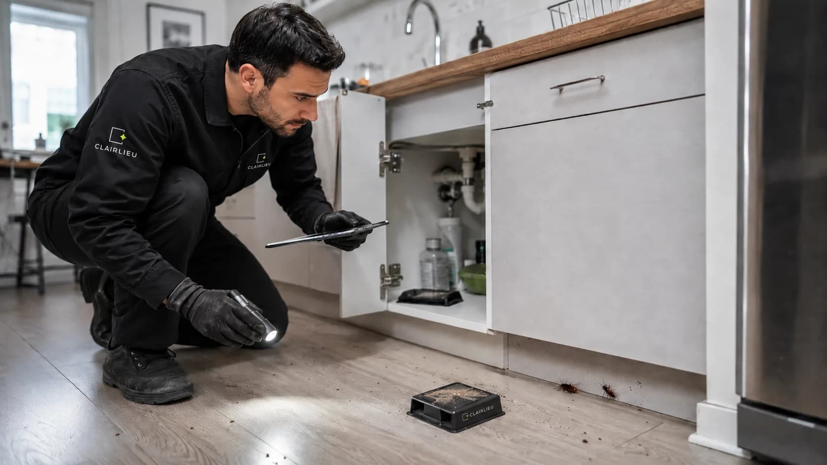 Technicien évaluant une infestation de cafards dans un appartement