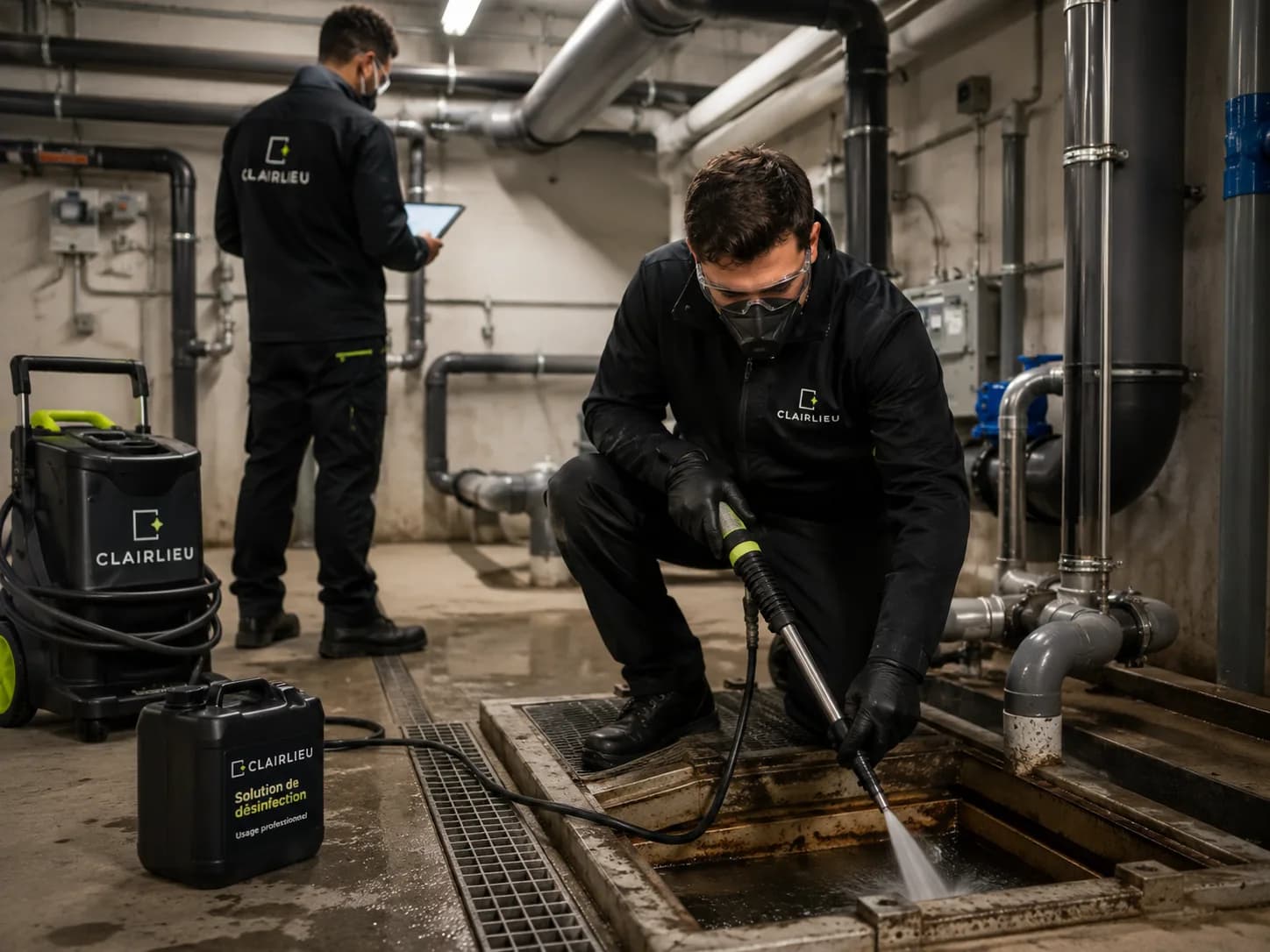 Désinfection de canalisations dans un local technique