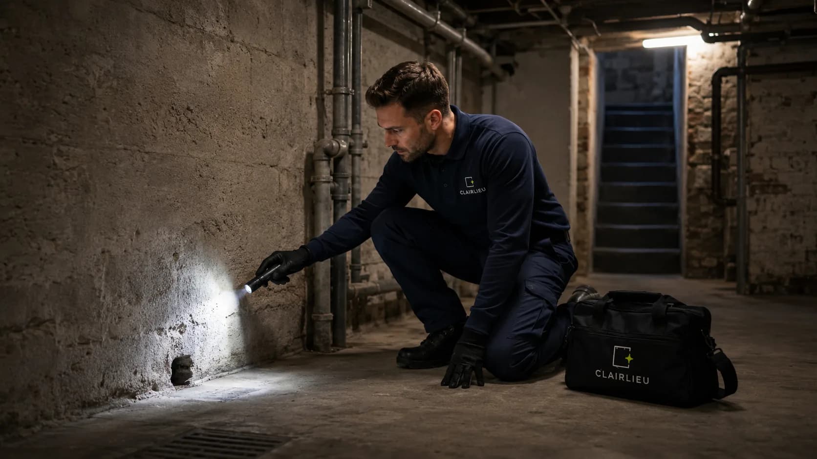 Technicien repérant le passage des rats dans une cave