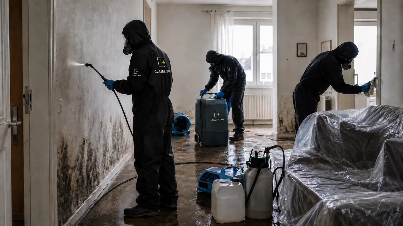 Trois techniciens désinfectant un appartement après un dégât des eaux