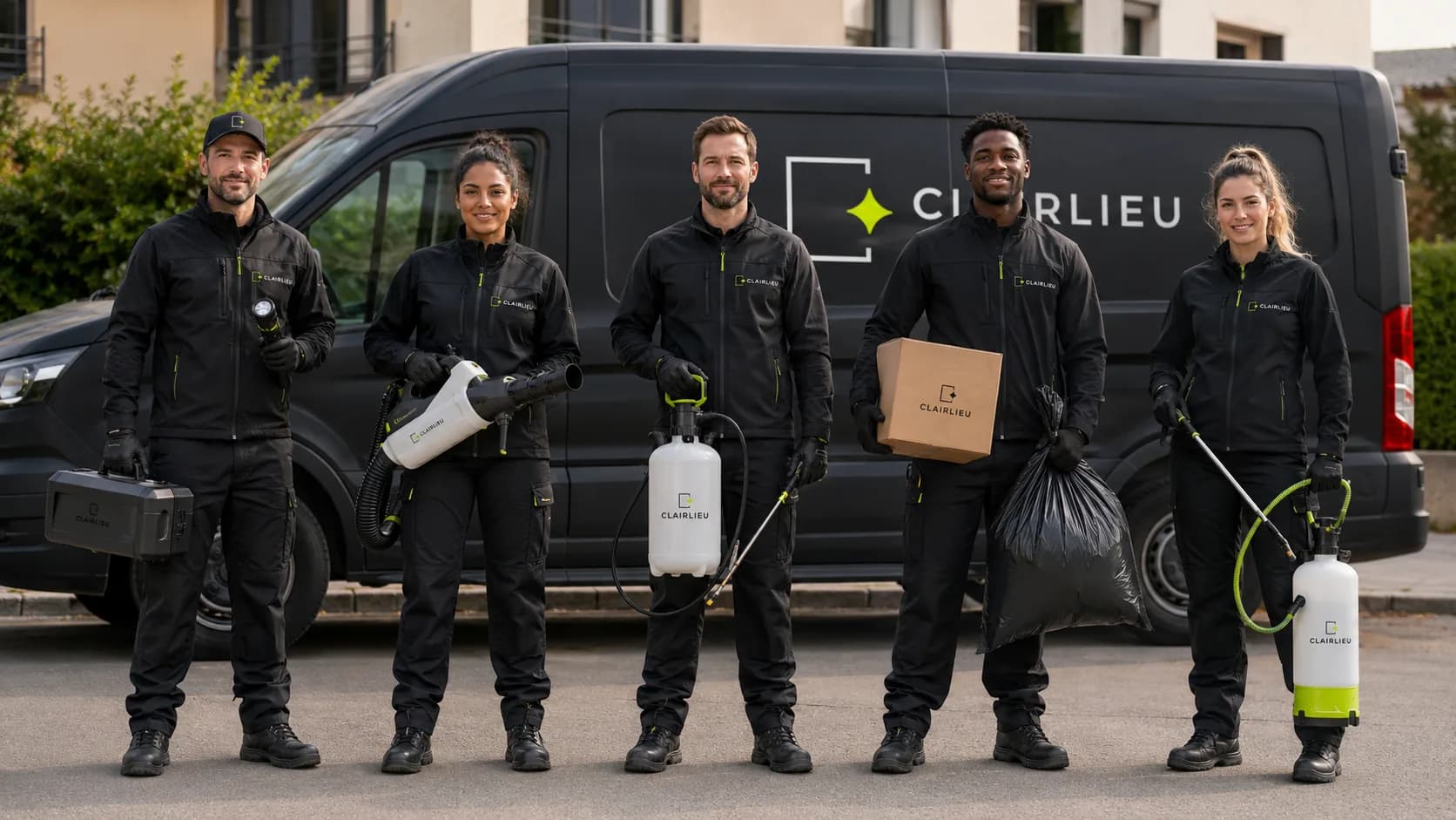 Techniciens Clairlieu devant leur fourgon, un par service