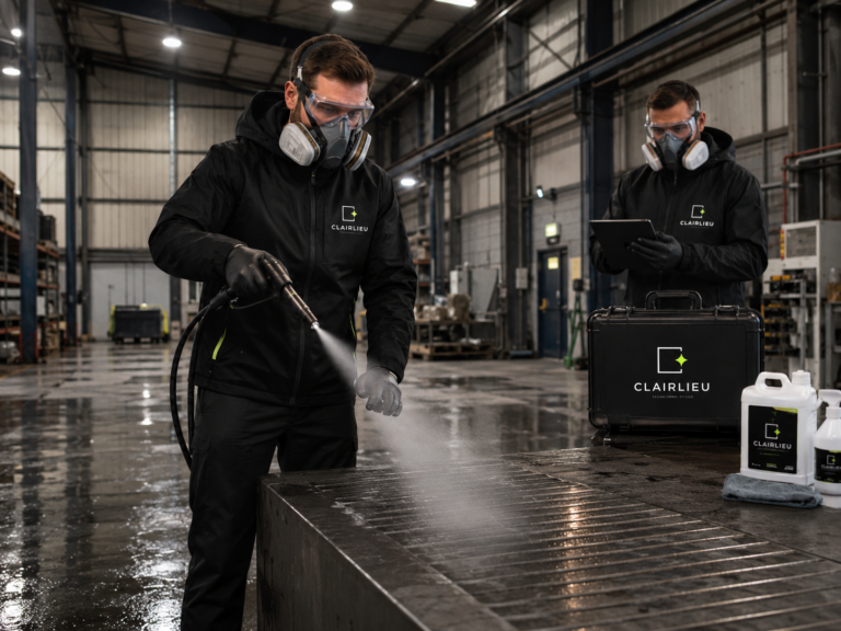 Deux techniciens Clairlieu procédant à la décontamination d'un hangar professionnel en Île-de-France.