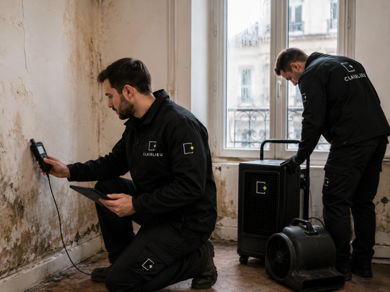 Deux techniciens Clairlieu inspectant des murs dans le cadre d'une intervention traitement de humidité en Île-de-France