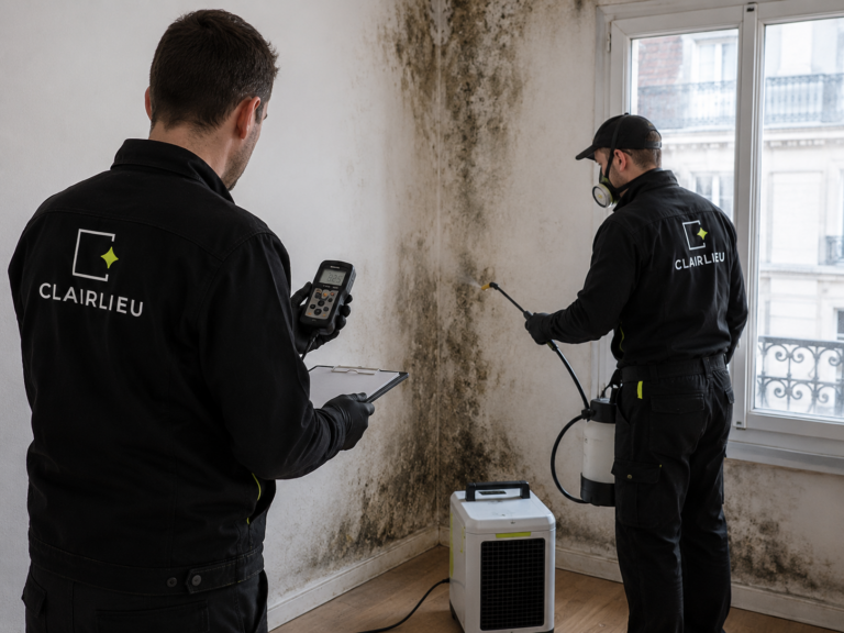 Deux techniciens Clairlieu procédant au traitement de moisissures sur le mur d'un appartement d'Île-de-France