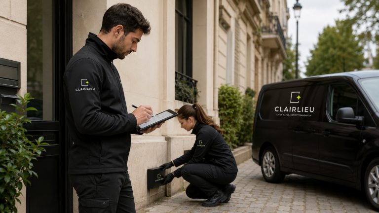 Technicien Clairlieu vérifiant un contrat annuel de prévention nuisibles pendant que sa collègue pose un piège anti rats
