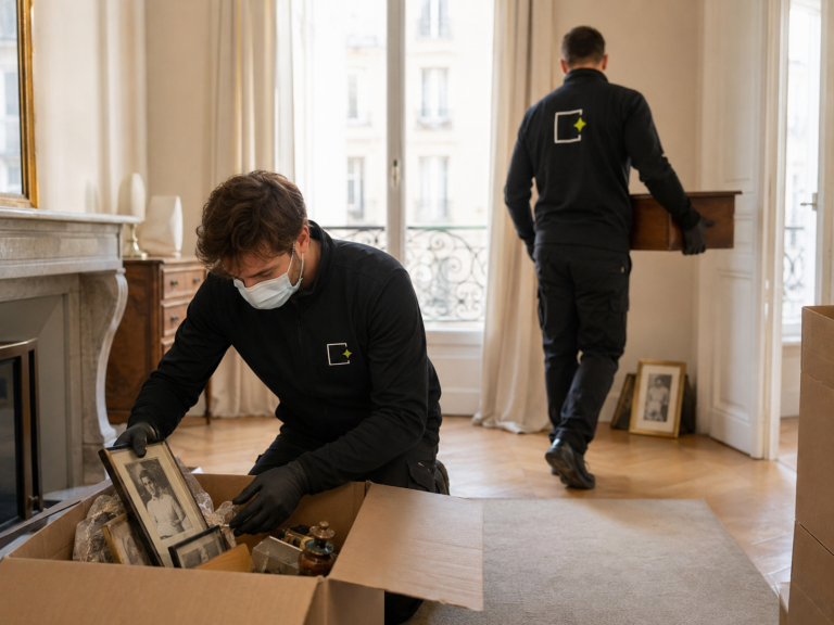 Deux techniciens Clairlieu remplissant des cartons d'objets dans le cadre d'une intervention de débarras après décès en île-de-france
