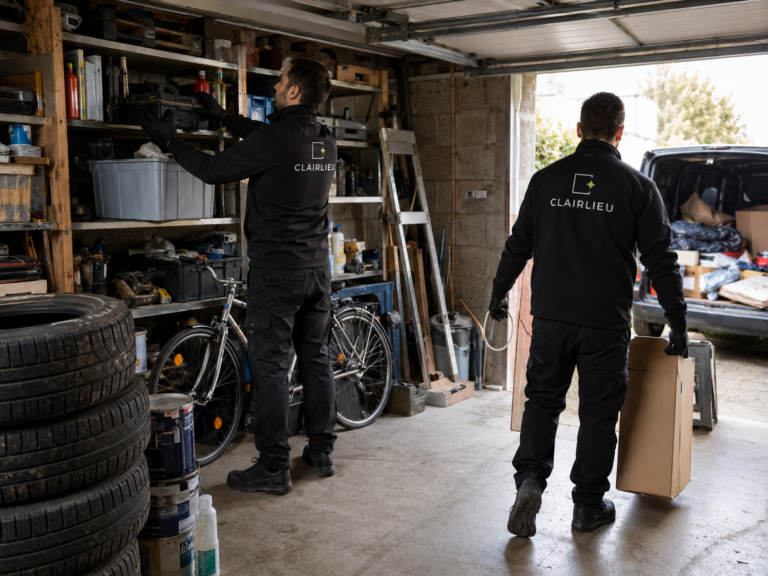 Deux techniciens Clairlieu portant des biens à l'extérieur d'un garage lors d'une préstation de débarras garage en île-de-France