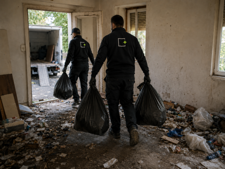 Deux techniciens Clairlieu sortant des sacs poubelle d'un logement victime de squat dans le cadre d'une intervention débarras squat en Île-de-France