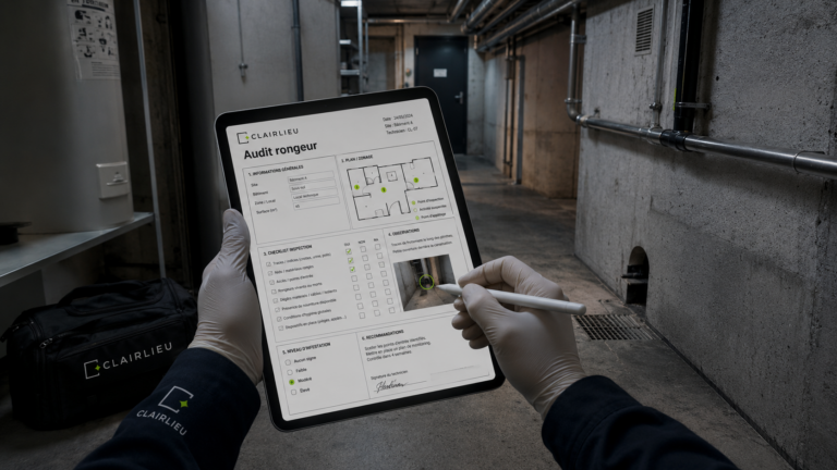 Vu première personne d'un technicien remplissant un audit rongeur sur sa tablette lors d'une demande de dératisation