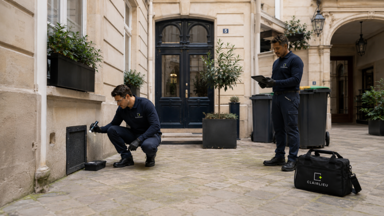 Techniciens procédant à l'inspection d'une cours d'immeuble dans le cadre d'une dératisation de copropriété
