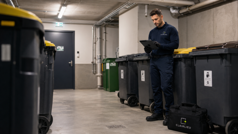 Technicien remplissant un rapport sur la dératisation d'un local poubelle