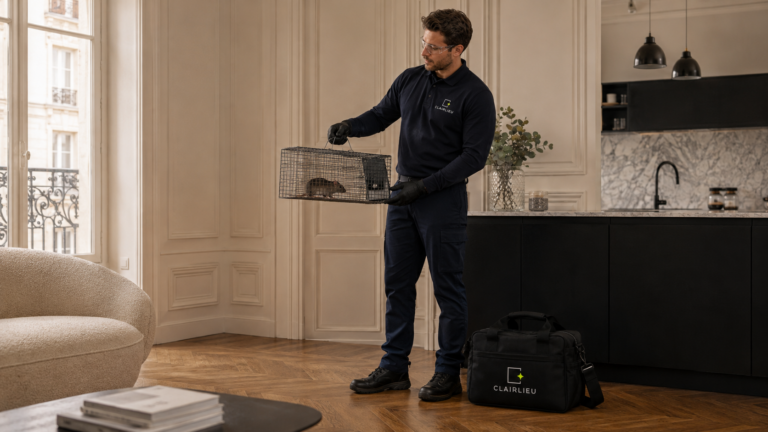 Technicien, dans un appartement, tenant un rat en cage après une intervention de dératisation