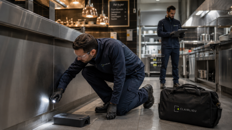 Techniciens procédant à la dératisation d'un restaurant