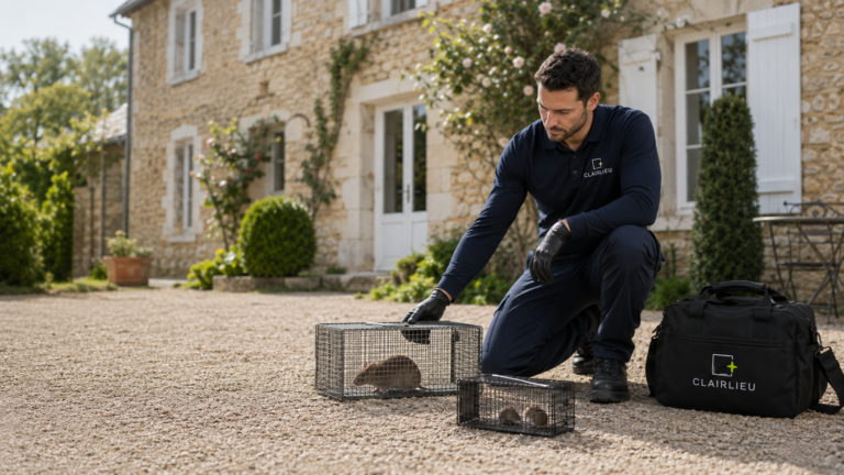 Technicien Clairlieu en intervention dératisation rongeurs à l’extérieur d’une maison de campagne, inspectant des cages contenant un rat et deux souris, avec son sac professionnel
