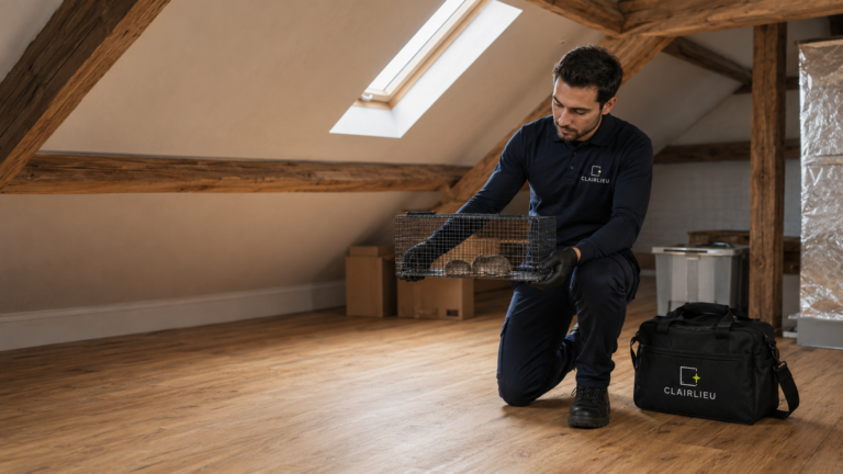 Technicien, dans le grenier d'une maison, tenant des souris en cage après une intervention de dératisation