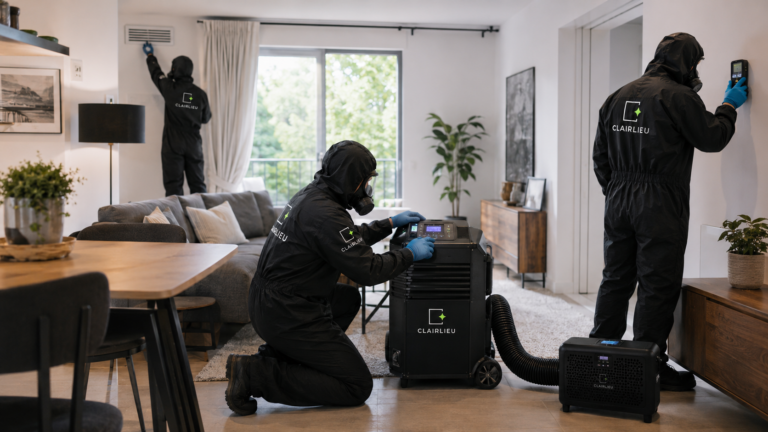 Trois techniciens Clairlieu en combinaisant procédant à l'assainissement de l'air d'une maison à l'aide de machine adaptées et en auditant les entrées d'air.