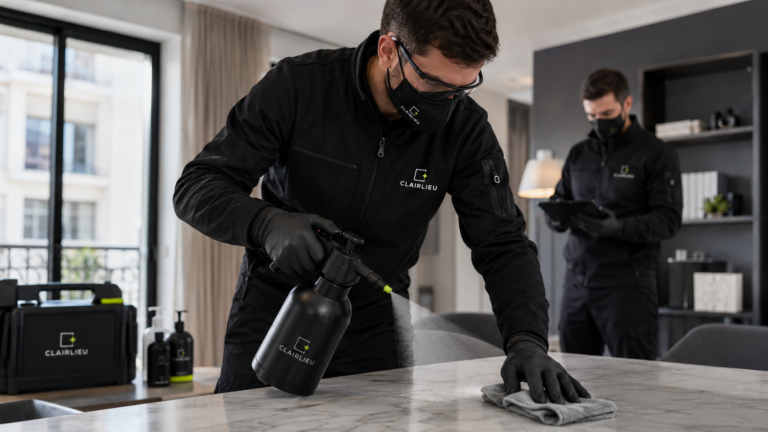 Technicien Clairlieu au premier plan procédant à la décontamination d'une surface à l'aide de produits adaptés pendant que son collègue fait un rapport en arrière plan.