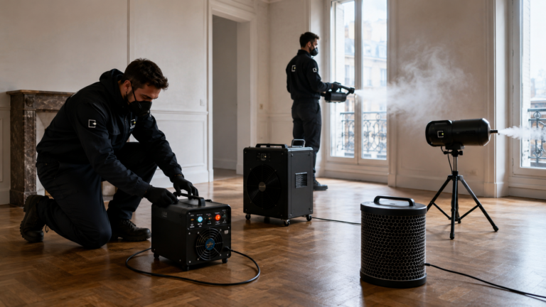 Deux techniciens Clairlieu procédant à lé désodorisation d'un appartement avec divers procédés