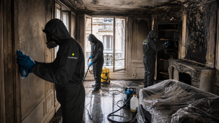 Trois techniciens clairlieu en combinaison procédant à la désinfection d'un appartement parisien après incendie.