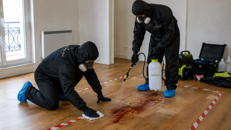 Deux techniciens Clairlieu procédant au nettoyage d'un appartement au plancer taché de sang dans le cadre d'une intervention de nettoyage après décès