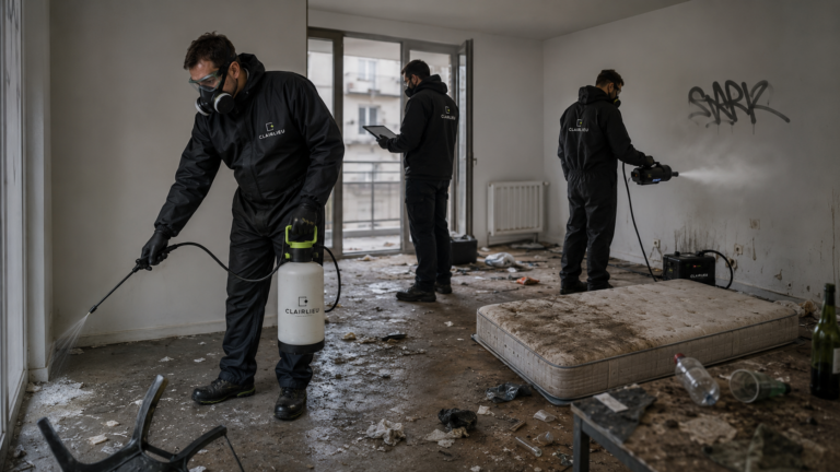 Trois techniciens clairlieu en combinaison procédant à la désinfection d'un appartement après squat.