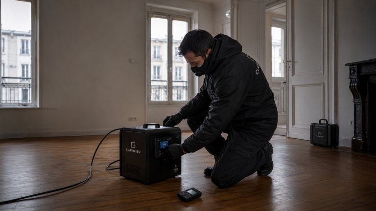Technicien Clairlieu activant une machine à Ozone dans un appartement dans le cadre d'une intervention de désinfection