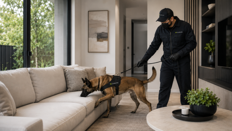 Maitre chien Clairlieu utilisant son Malinois pour faire de la détection canine de punaises de lit en lui faisant renifler un canapé dans un appartement